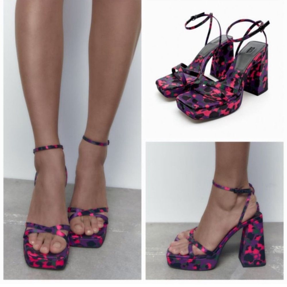 NWOB Zara‎ Platform Sandals Women's size 10 Purple Pink Leopard Print Block Heel